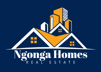 Ngonga Homes real estate logo with stylized white, orange, and blue house rooftops on a navy background