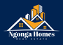 Ngonga Homes real estate logo with stylized white, orange, and blue house rooftops on a navy background