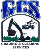 GCS Grading & Clearing Services logo with excavator, dump truck, and digging bucket in blue, black, and green