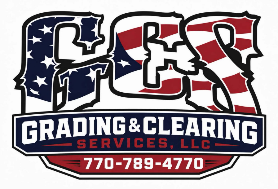 GCS Grading & Clearing Services logo with excavator, dump truck, and digging bucket in blue, black, and green
