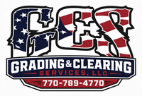 GCS Grading & Clearing Services logo with excavator, dump truck, and digging bucket in blue, black, and green