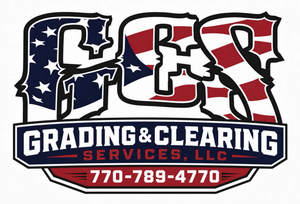 GCS Grading & Clearing Services logo with excavator, dump truck, and digging bucket in blue, black, and green
