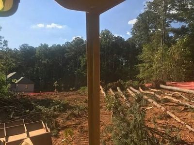 Cleared wooded lot with stacked logs, a small house, and a porch post in the foreground