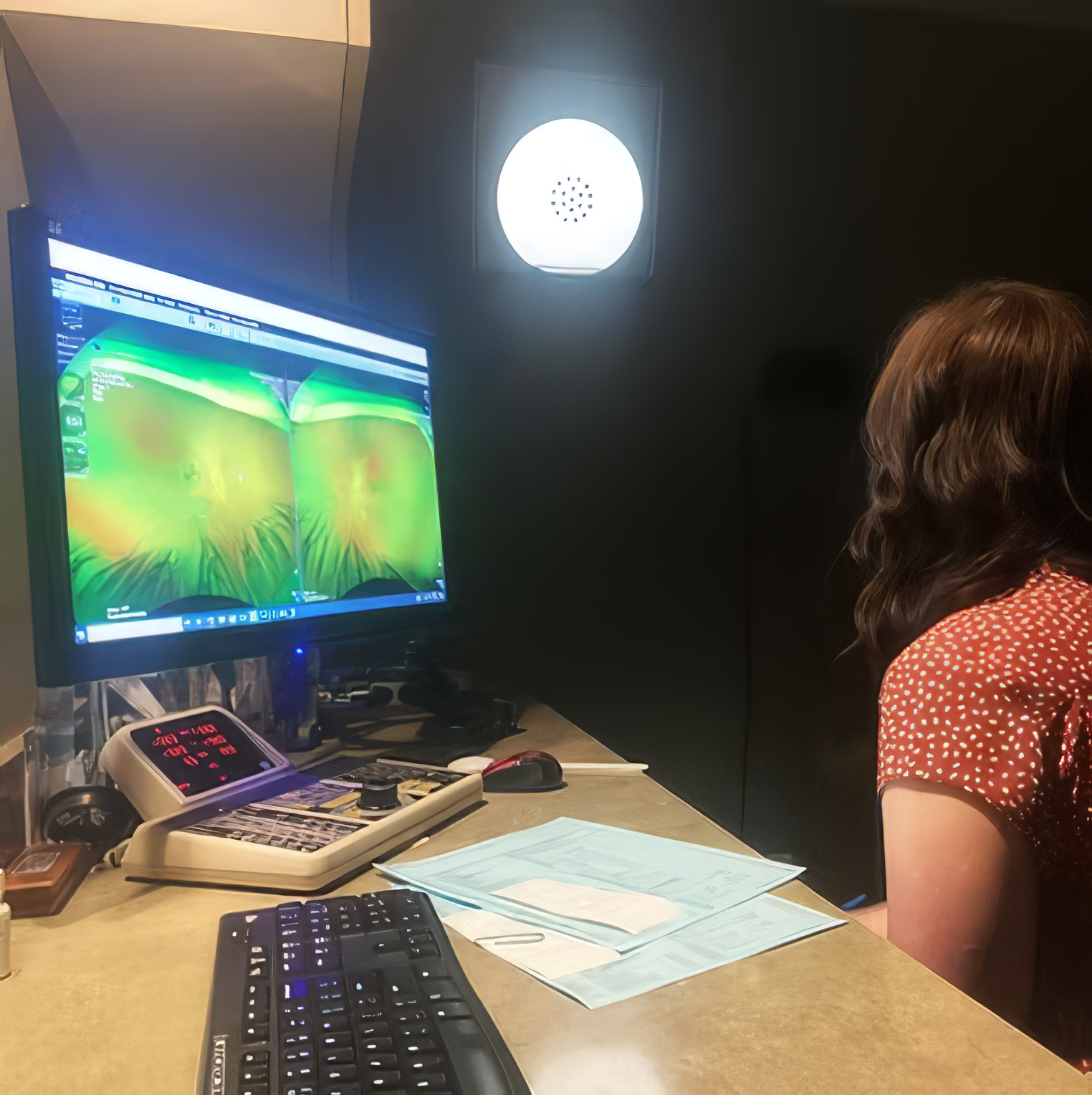Person at a desk viewing dual monitors in a dim room, with keyboard, papers, and a desk lamp.