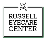 Russell Eyecare Center logo with black text in a green-outlined box