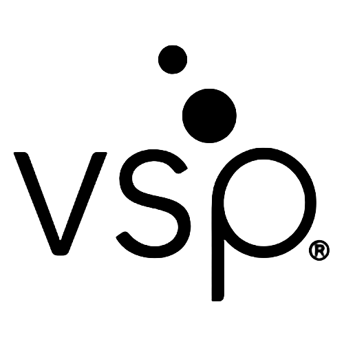 Vsp logo with black lowercase letters and two black dots above the p on a white background