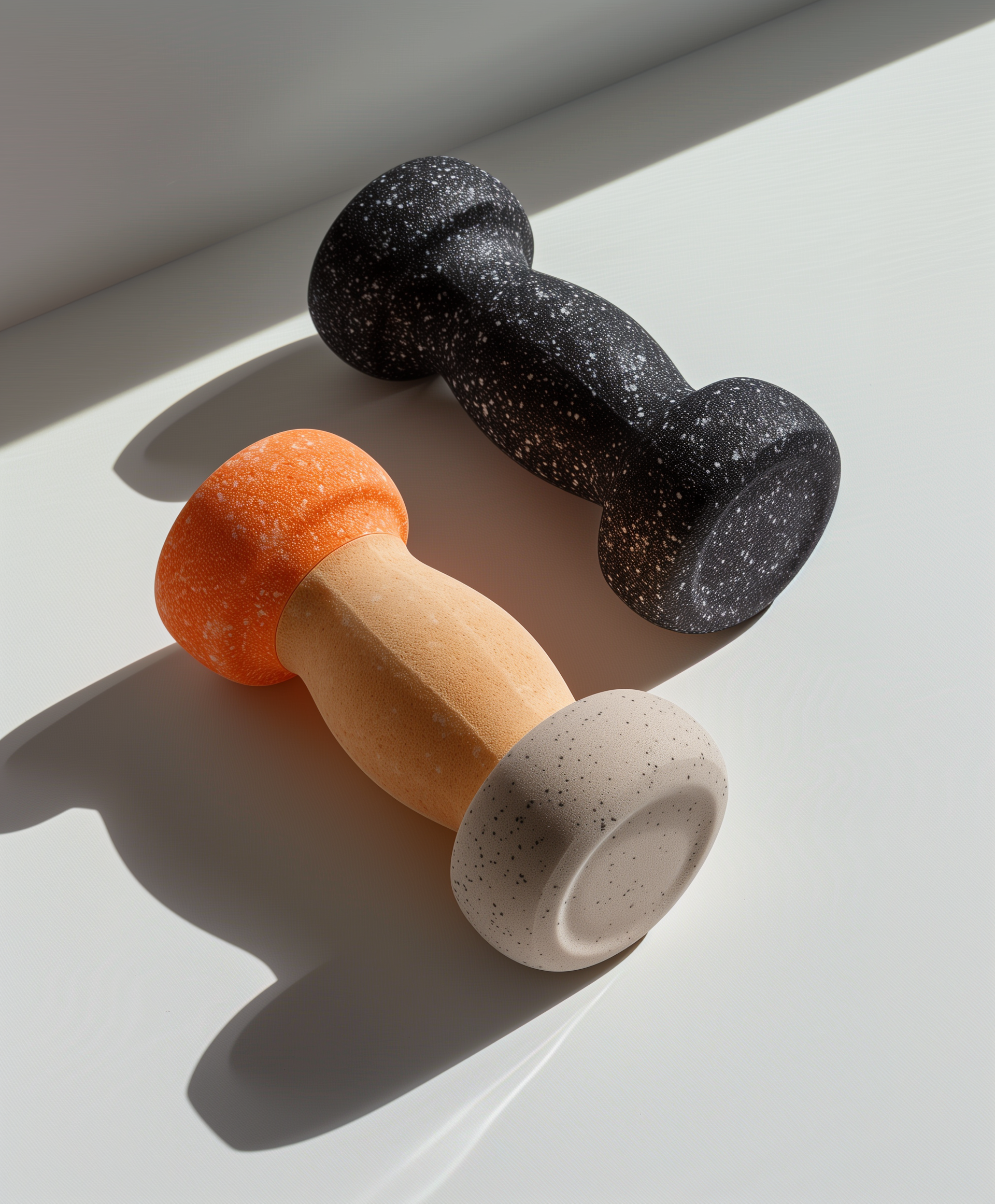 Two dumbbell-shaped, speckled foam rollers on a white surface, one black and the other orange and beige.