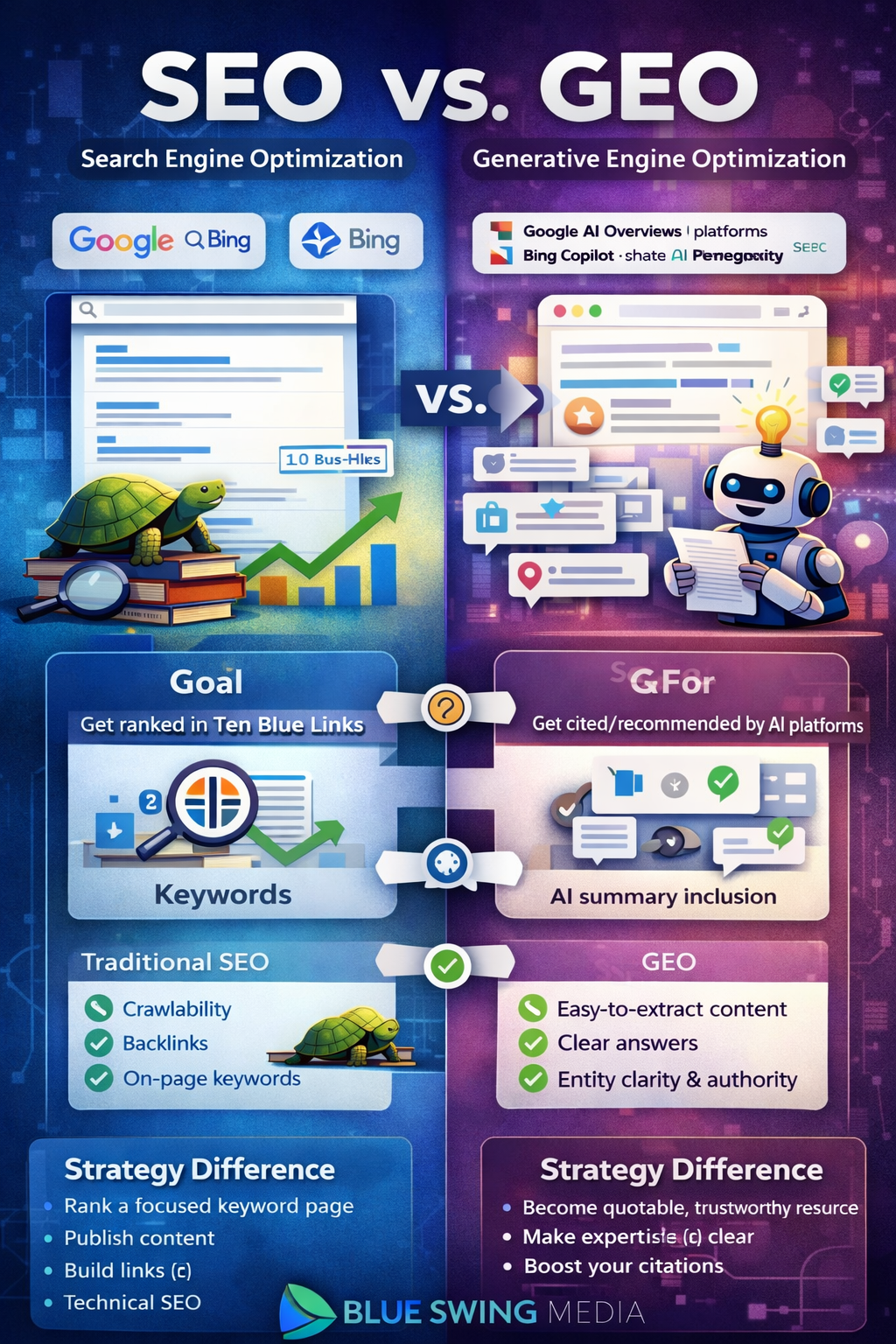 An infographic comparing SEO (Search Engine Optimization) and GEO (Generative Engine Optimization) strategies.
