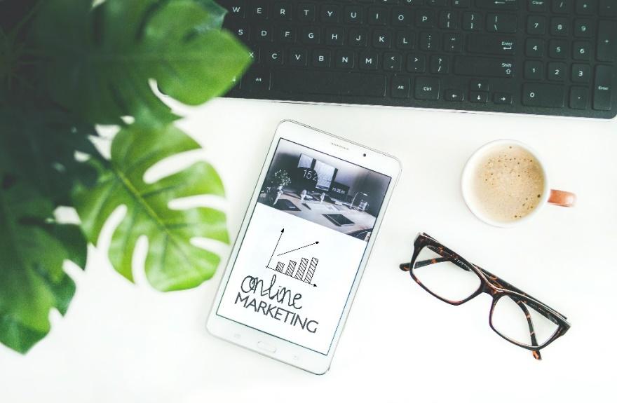 Smartphone, Reading Glasses, Keyboard, & Coffee Cup Top View