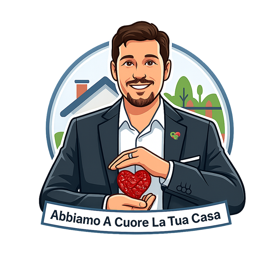 Smiling man in a suit holding a red heart, with Italian text “Abbiamo A Cuore La Tua Casa” below.