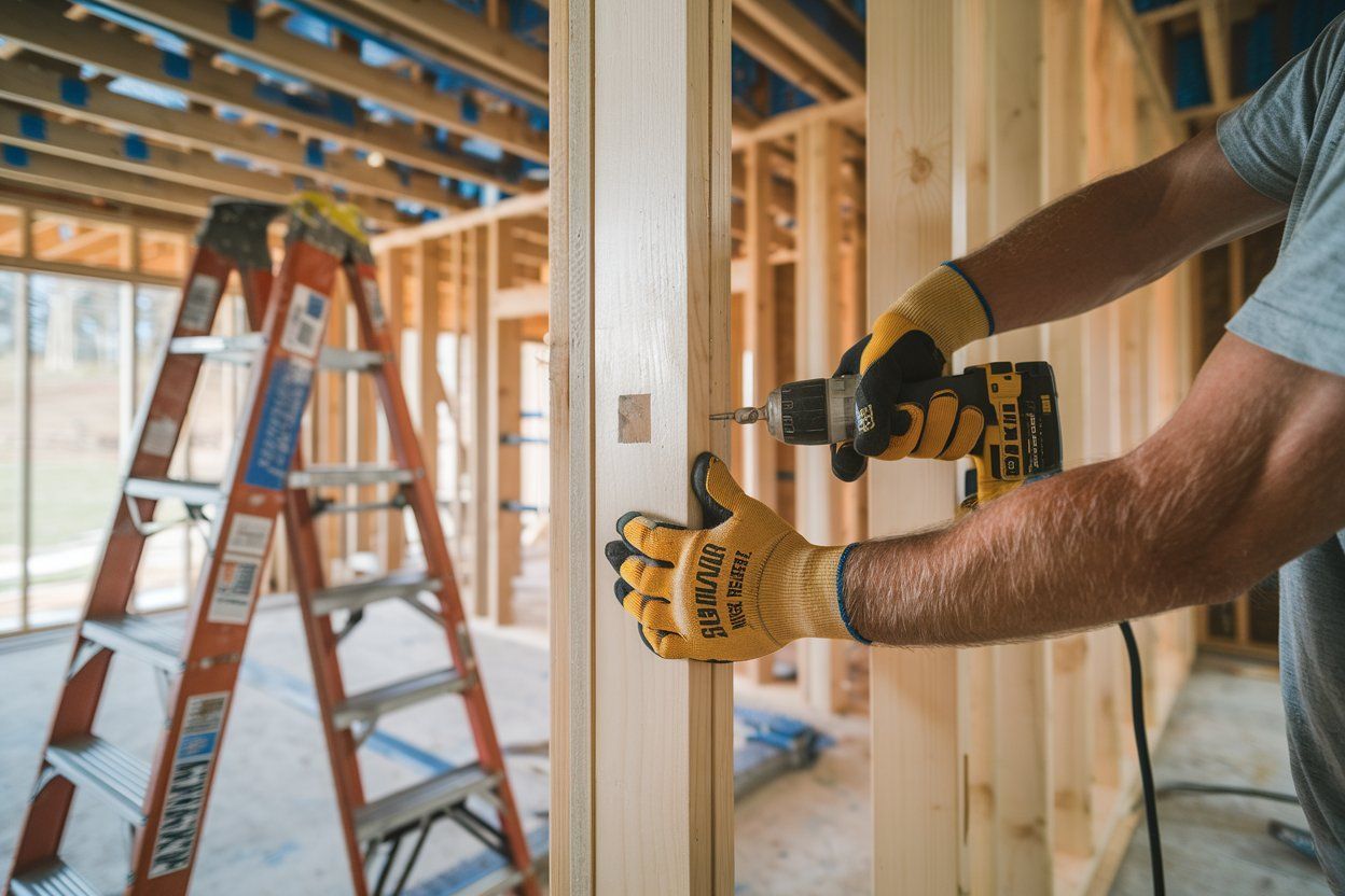 Person using a drill to install a door frame in a house under construction; orange ladder nearby.