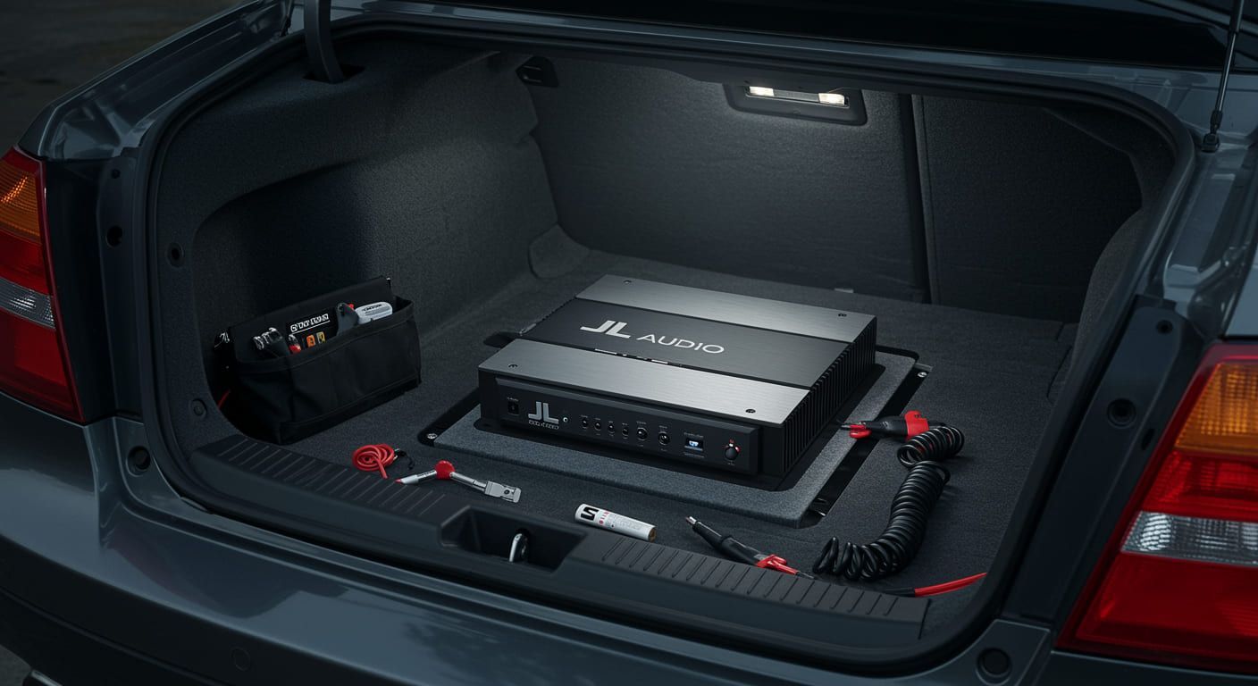 JL audion amplifier set up at the back of the vehicle.