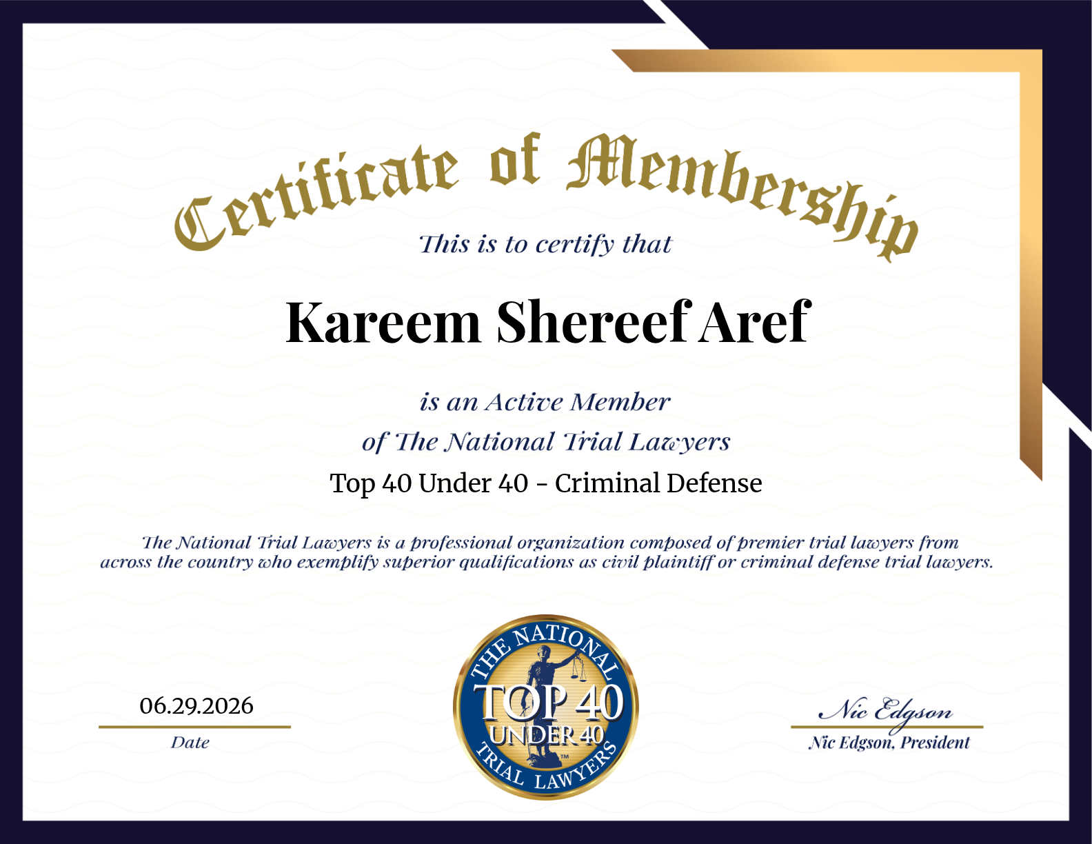 Certificate of Membership for Kareem Shereef Aref, with gold and blue border and seal