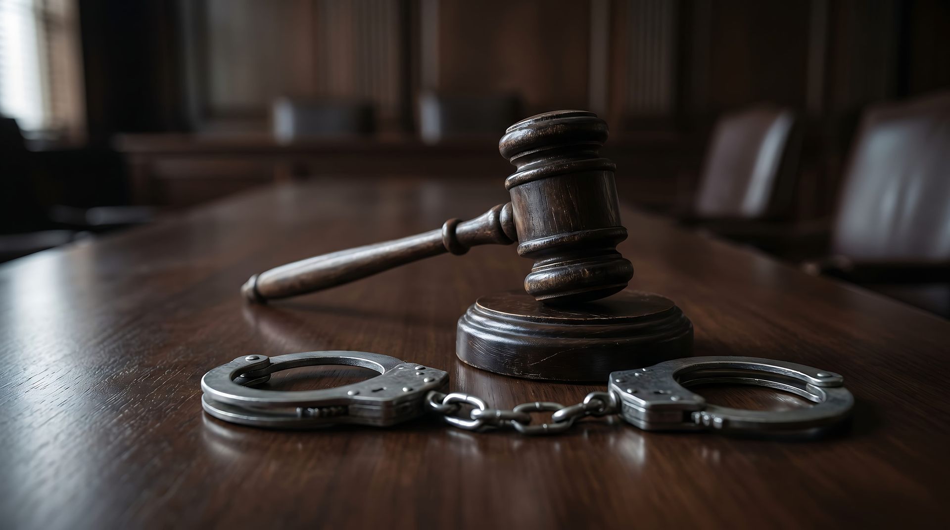 Judge’s gavel with handcuffs on a courtroom table