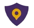 Purple shield with a yellow location pin.
