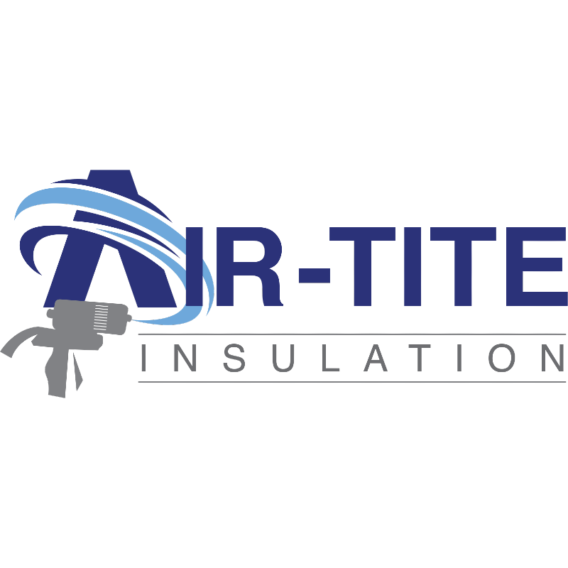 Logo for Air-Tite Insulation: Blue and grey design with a spray gun and swirling arcs.