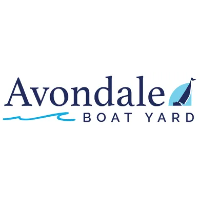 the avondale boat yard logo is blue and white with a sailboat on it .