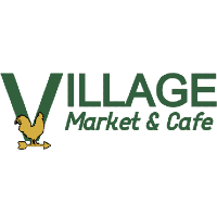 a logo for village market and cafe with a chicken and an arrow .