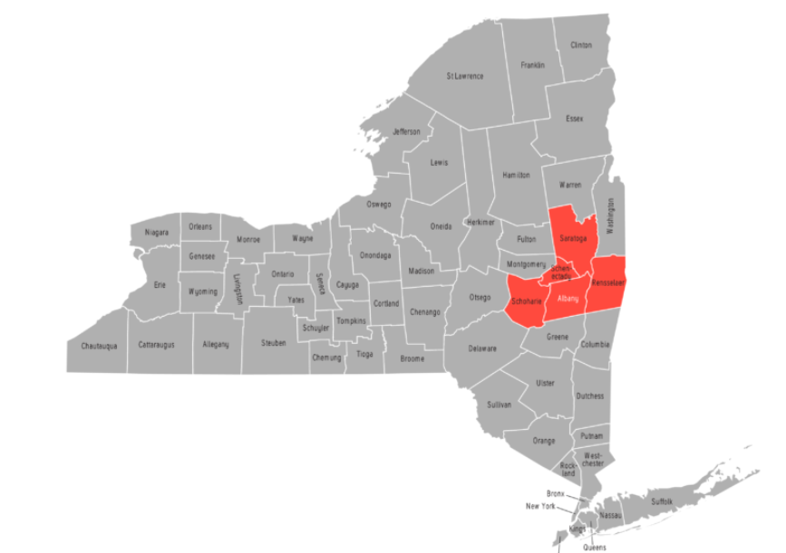 Map of New York state with counties highlighted in red, indicating a specific region.
