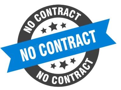 Circular stamp with "NO CONTRACT" text, blue ribbon, and star accents.