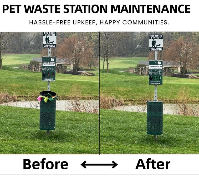 Pet waste station maintenance comparison: before (full trash) and after (empty trash). Green trash can and pole.