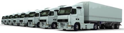 A fleet of white commercial trucks
