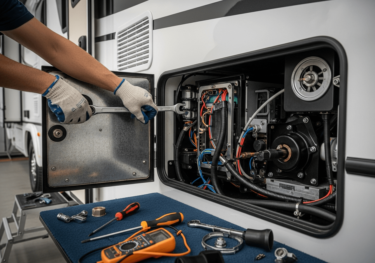 Technician repairing a motorhome generator