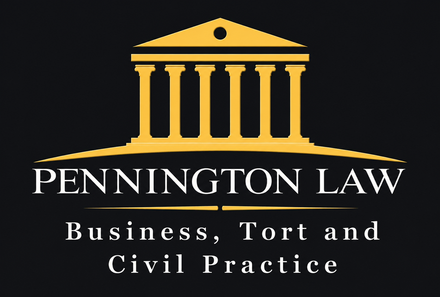 Pennington Law logo with gold courthouse icon and white text on black background