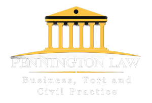 Pennington Law logo with gold courthouse icon and text for Business, Tort, and Civil practice