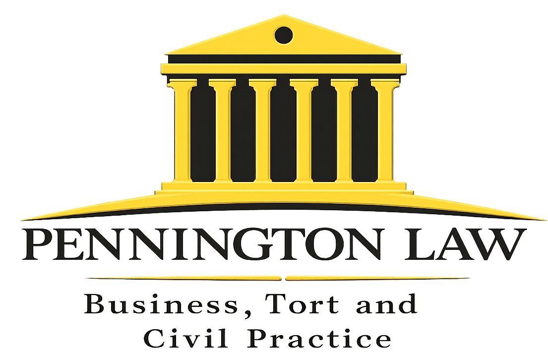 Pennington Law logo with gold courthouse icon and text “Business, Tort and Civil Practice”