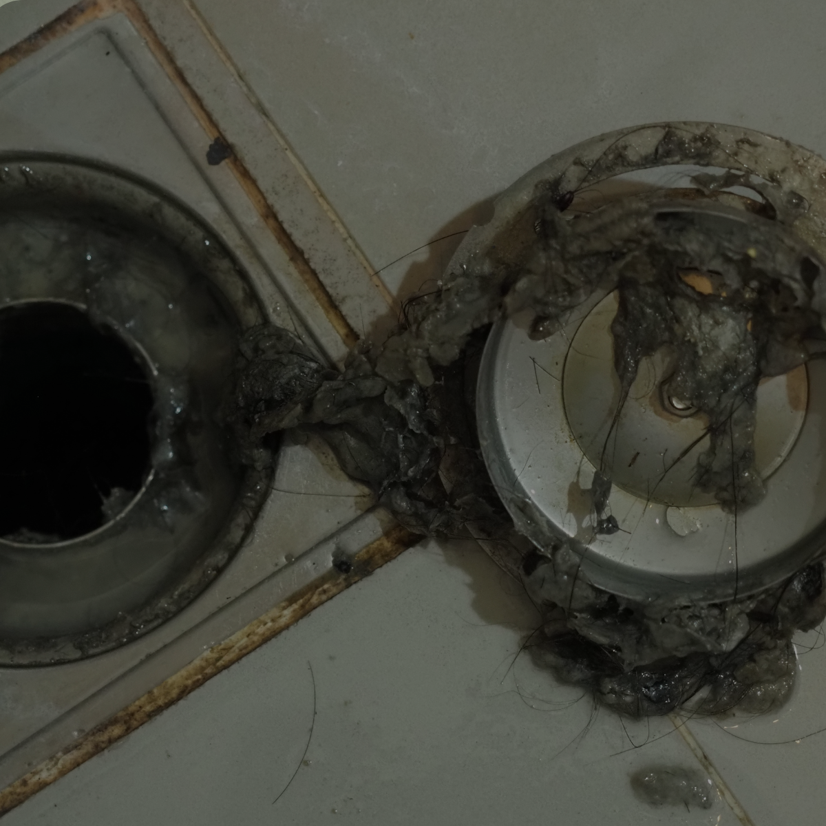 Ralo do chuveiro entupido com cabelos e detritos transbordando para o piso de azulejo.