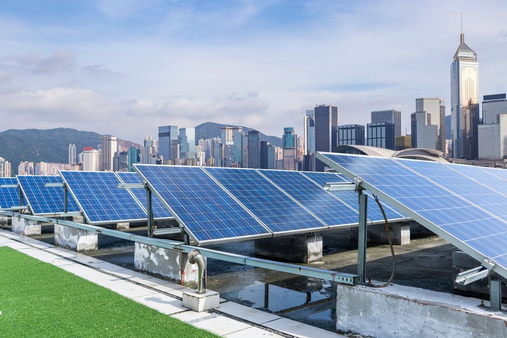 Rooftop Solar Panels On A Commercial Building