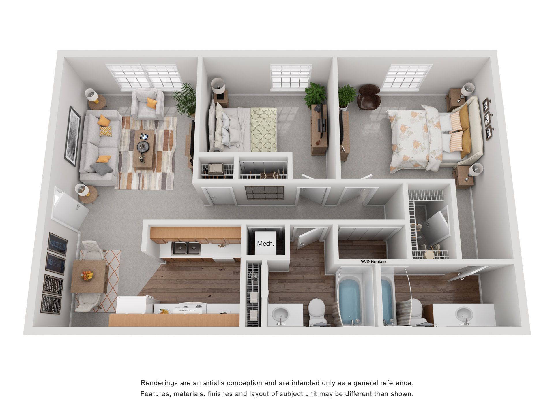 A 3D floor plan for a two-bedroom, two-bathroom apartment featuring an open kitchen, living room, and dining area.