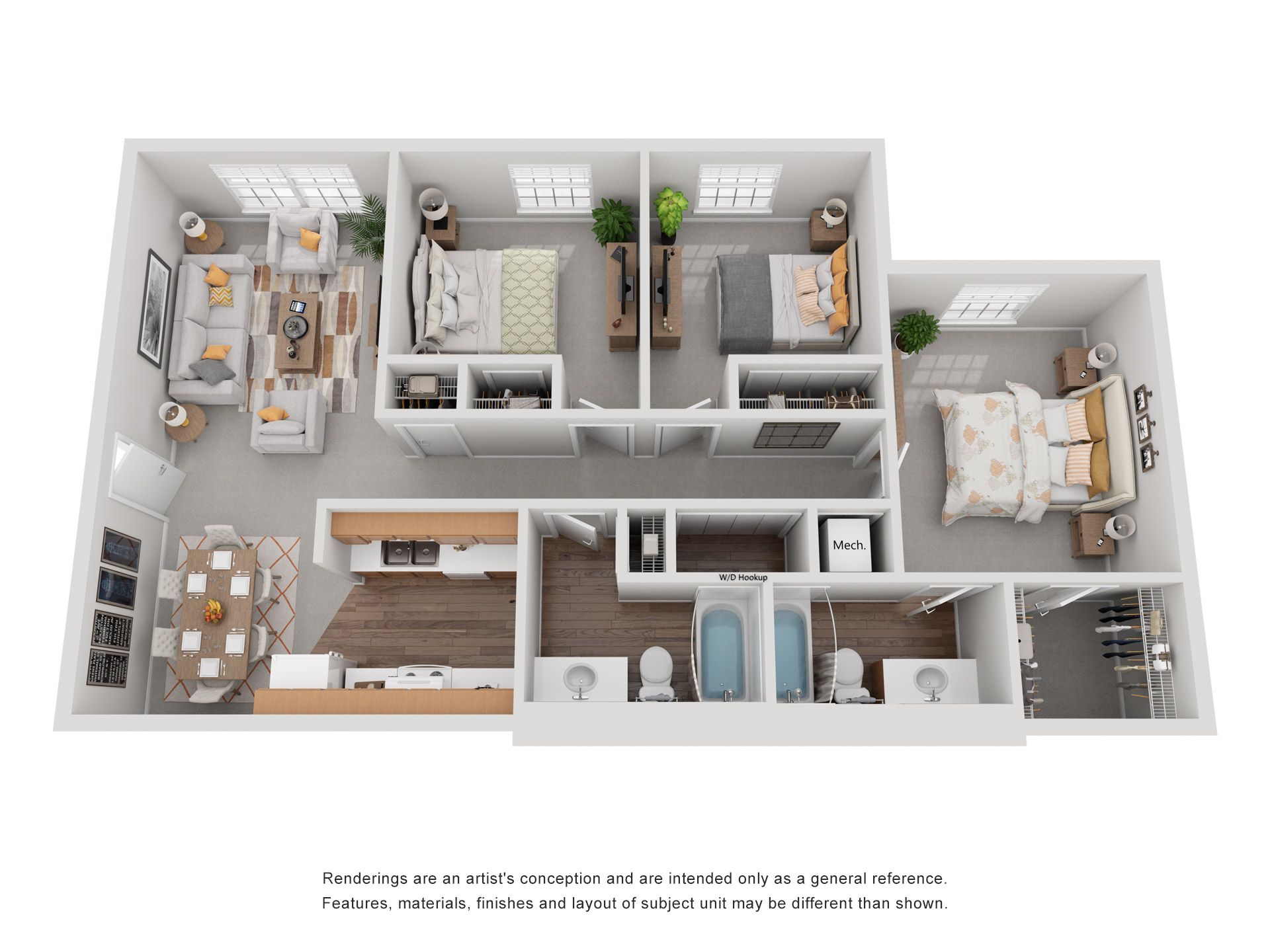 A 3D floor plan showing a furnished apartment with three bedrooms, two bathrooms, a living area, and a kitchen.