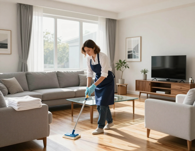 Person mopping a bright living room with gray sofas, a TV, and sunlight from large windows