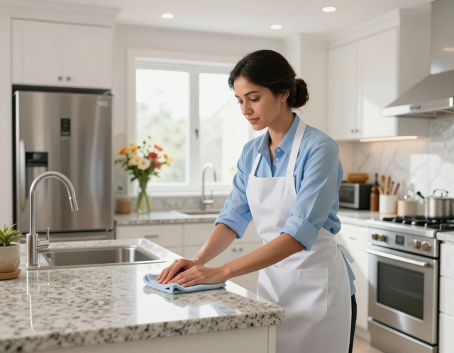 Person cleaning a kitchen island with a cloth in a bright, modern kitchen