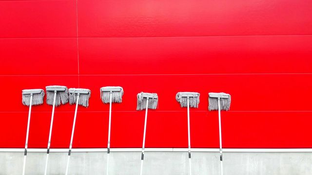 Several silver brushes lined up against a bright red wall above a gray floor.
