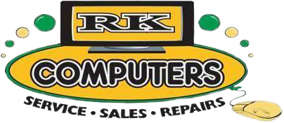 RK Computers logo with yellow and black text, green accents, and “Service • Sales • Repairs” tagline