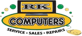 RK Computers logo with yellow and black text, green accents, and “Service • Sales • Repairs” tagline