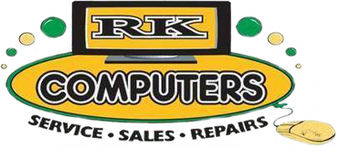 RK Computers logo with yellow and black text, green accents, and “Service • Sales • Repairs” tagline