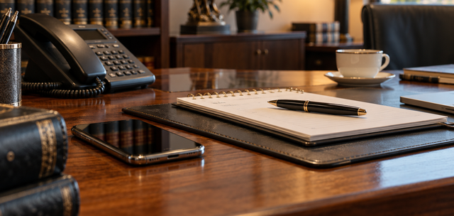 Scrivania in legno con smartphone, quaderno, penna, telefono vintage e tazza di caffè in un ambiente d'ufficio.