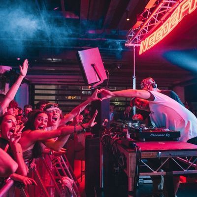 A dj is playing music for a crowd of people at a concert.