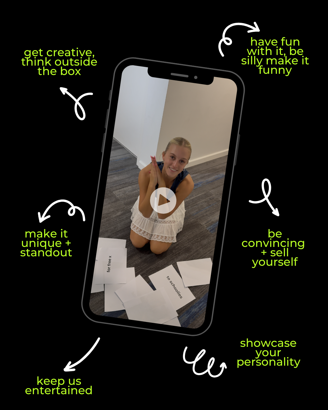 A woman is kneeling down in front of a cell phone with arrows pointing to different things