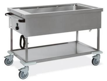 A stainless steel cart with a sink on top of it.