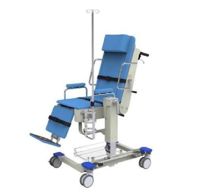 A blue and white hospital chair with a drip attached to it.