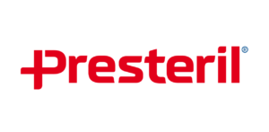 A red and white logo for presteril on a white background