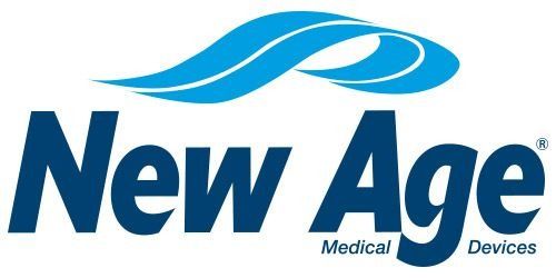 A blue and white logo for new age medical devices
