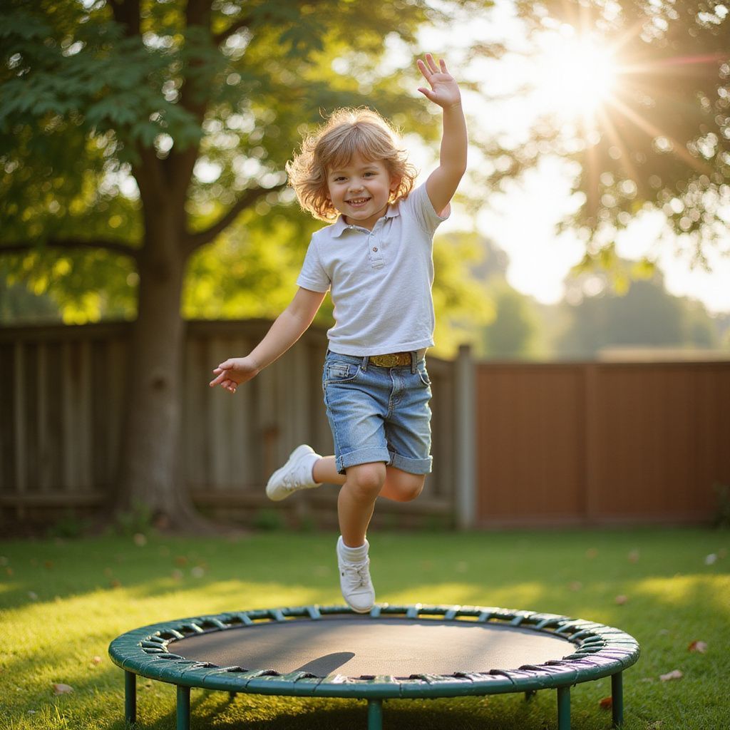 Een jongen springt op een groene trampoline in een zonnige achtertuin en zwaait met een lach.