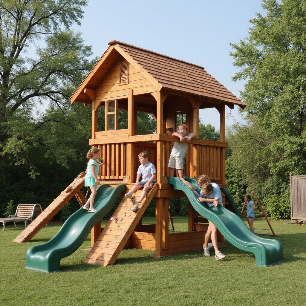 Kinderen spelen op een houten speeltoestel met glijbanen en een toren in een grasrijke achtertuin.