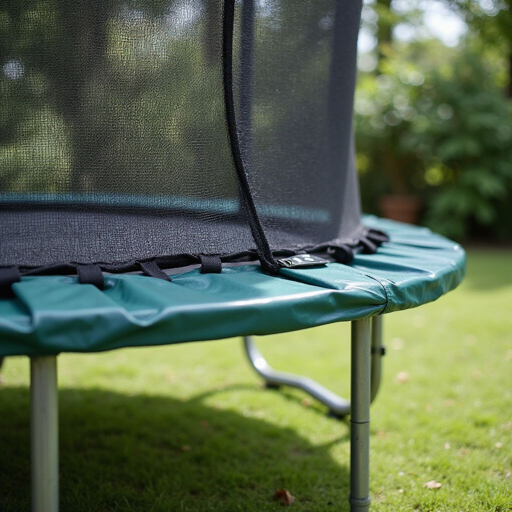 Close-up van een groene trampoline met een zwart veiligheidsnet in een grasveld.